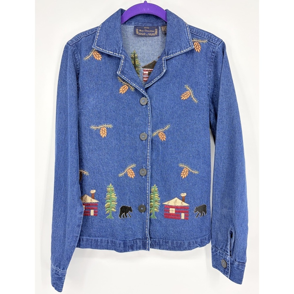 New Direction Denim Shirt Jacket Size Large‎ Embroidered Bears Cabin Up North